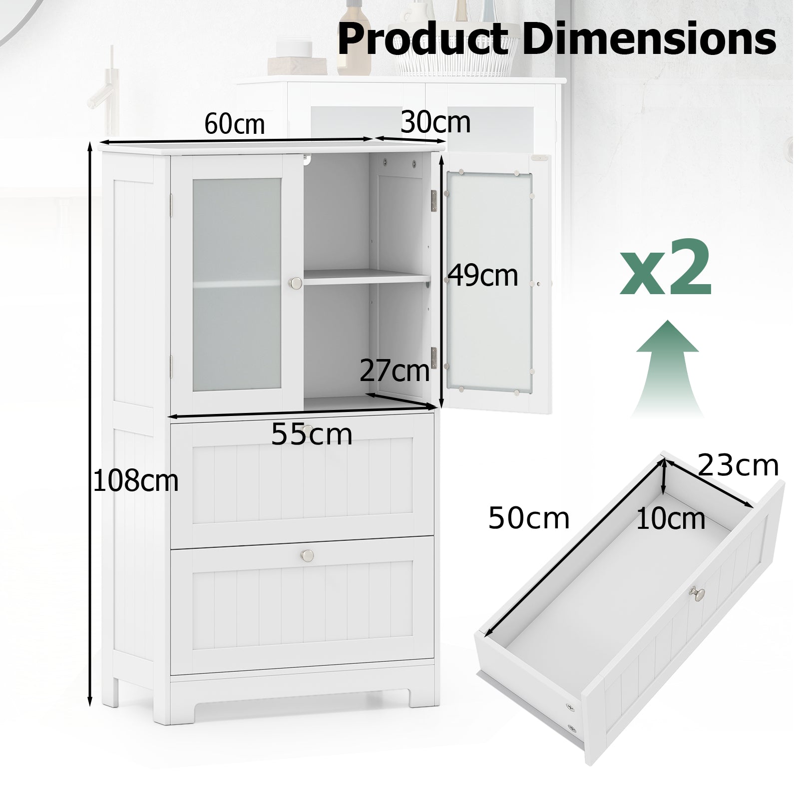 Freestanding Bathroom Storage Cabinet with 2 Frosted Tempered Glass Doors-White