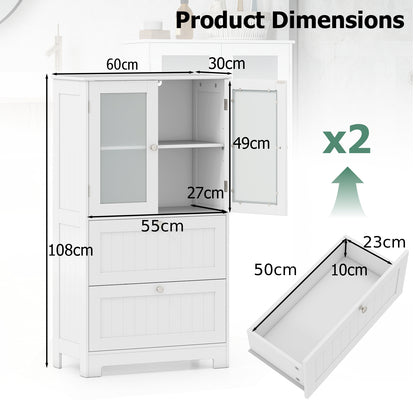 Freestanding Bathroom Storage Cabinet with 2 Frosted Tempered Glass Doors-White