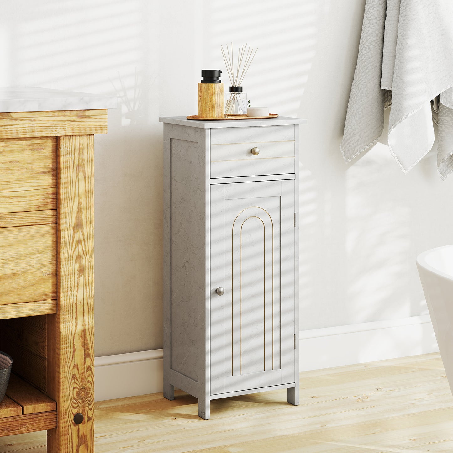 Freestanding Bathroom Storage Cabinet with Door Drawer and Adjustable Shelves-Dark Grey