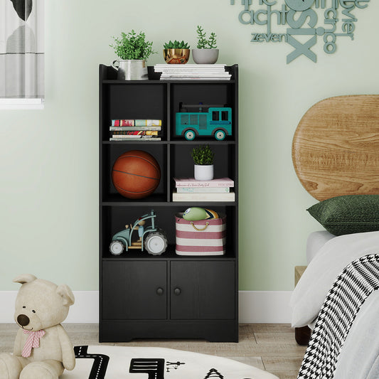 Freestanding Bookcase with 2 Storage Cabinets and 5 Cubbies-Black