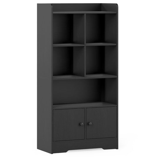 Freestanding Bookcase with 2 Storage Cabinets and 5 Cubbies-Black