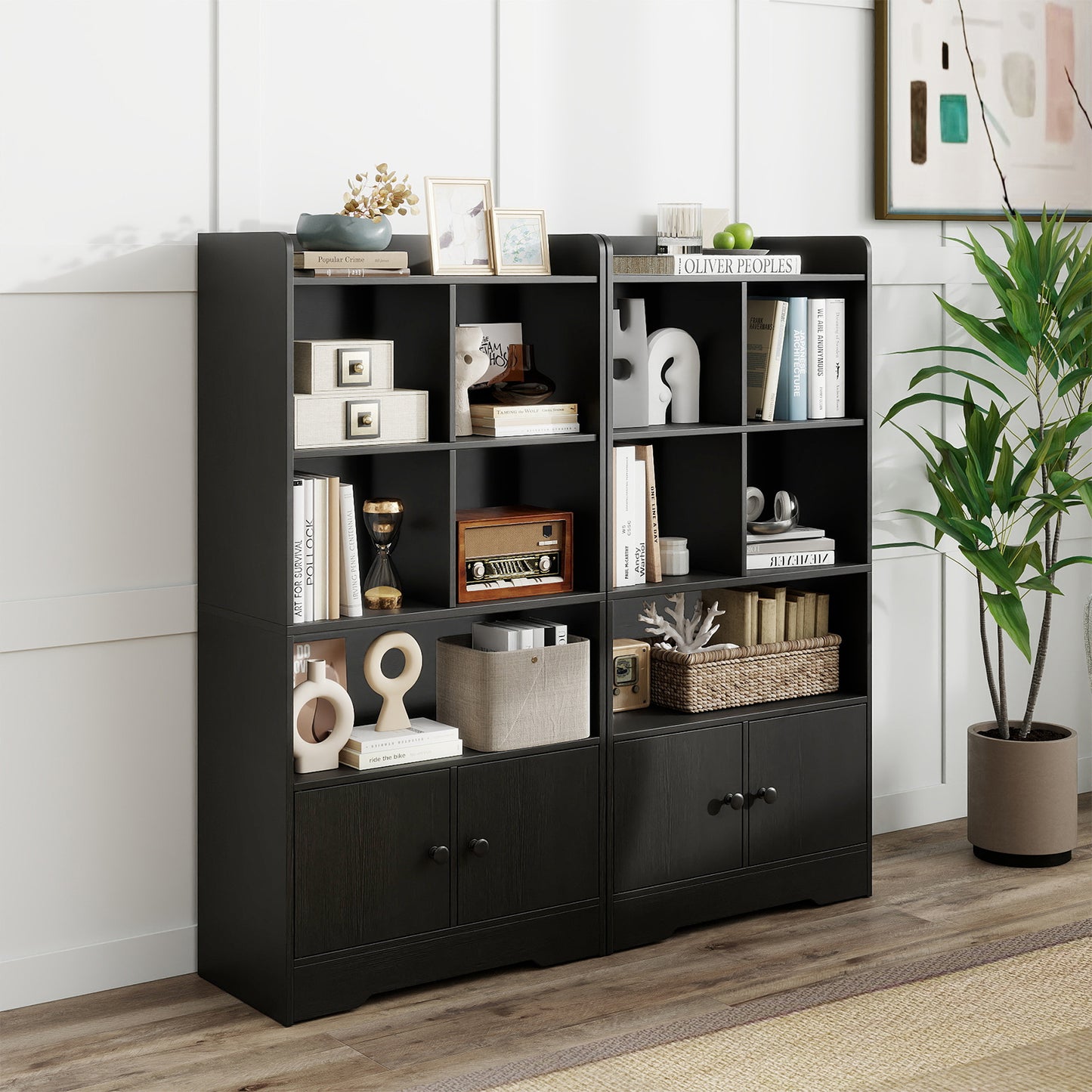 Freestanding Bookcase with 2 Storage Cabinets and 5 Cubbies-Black