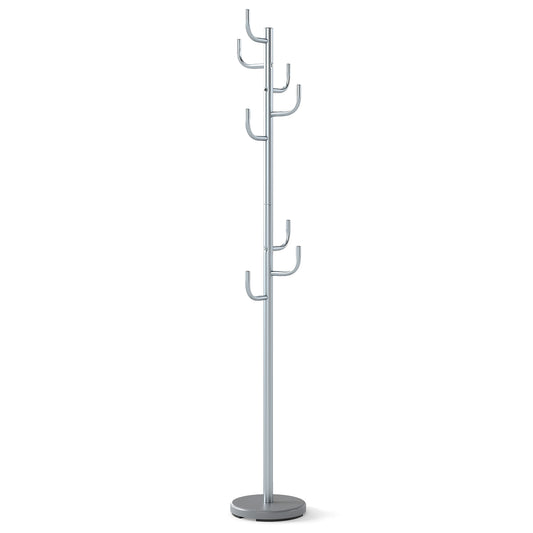 Freestanding Coat Rack with 8 L-Shaped Hooks and 2 Adjustable Heights-Silver