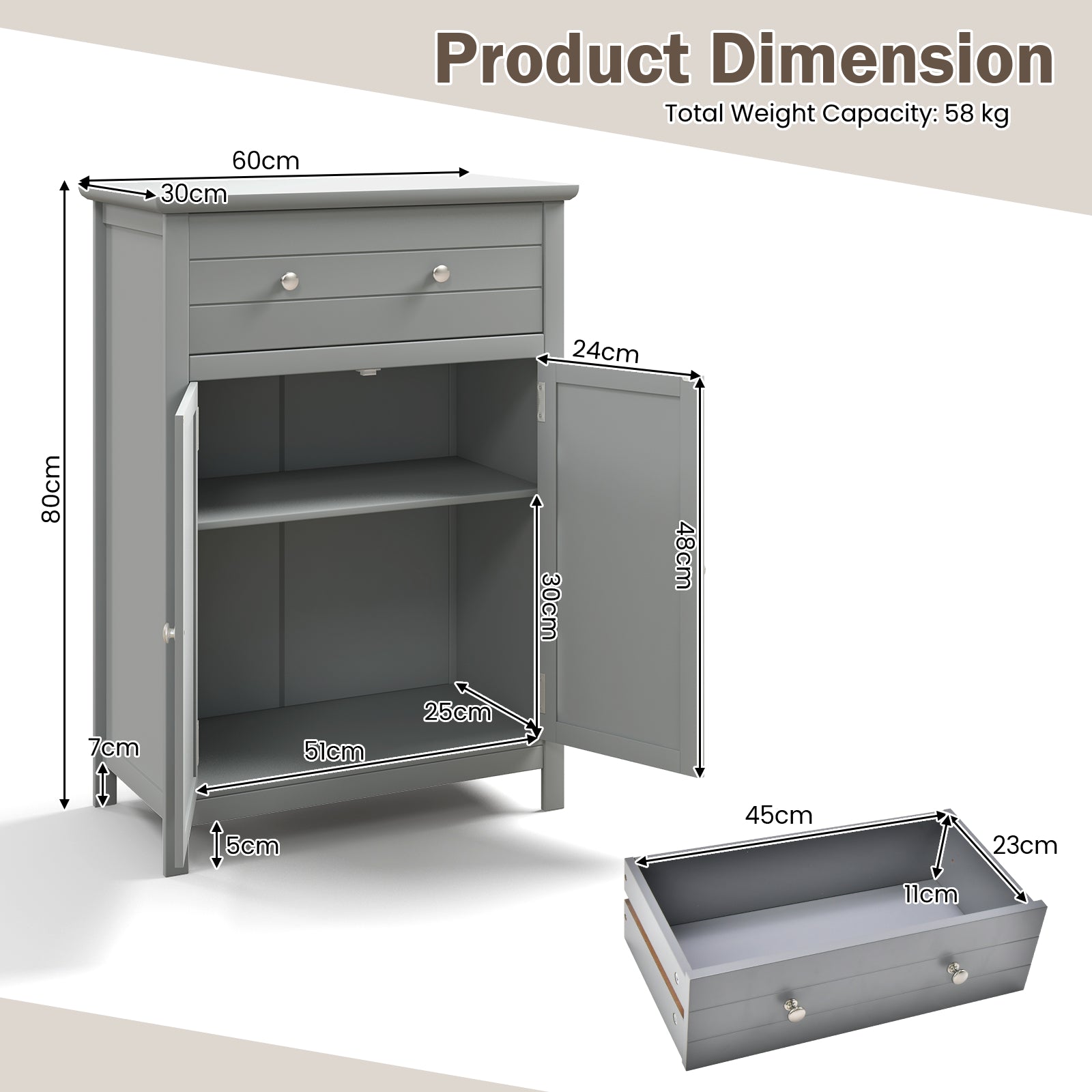 Freestanding Floor Storage Cabinet with Drawer and Adjustable Shelf-Grey