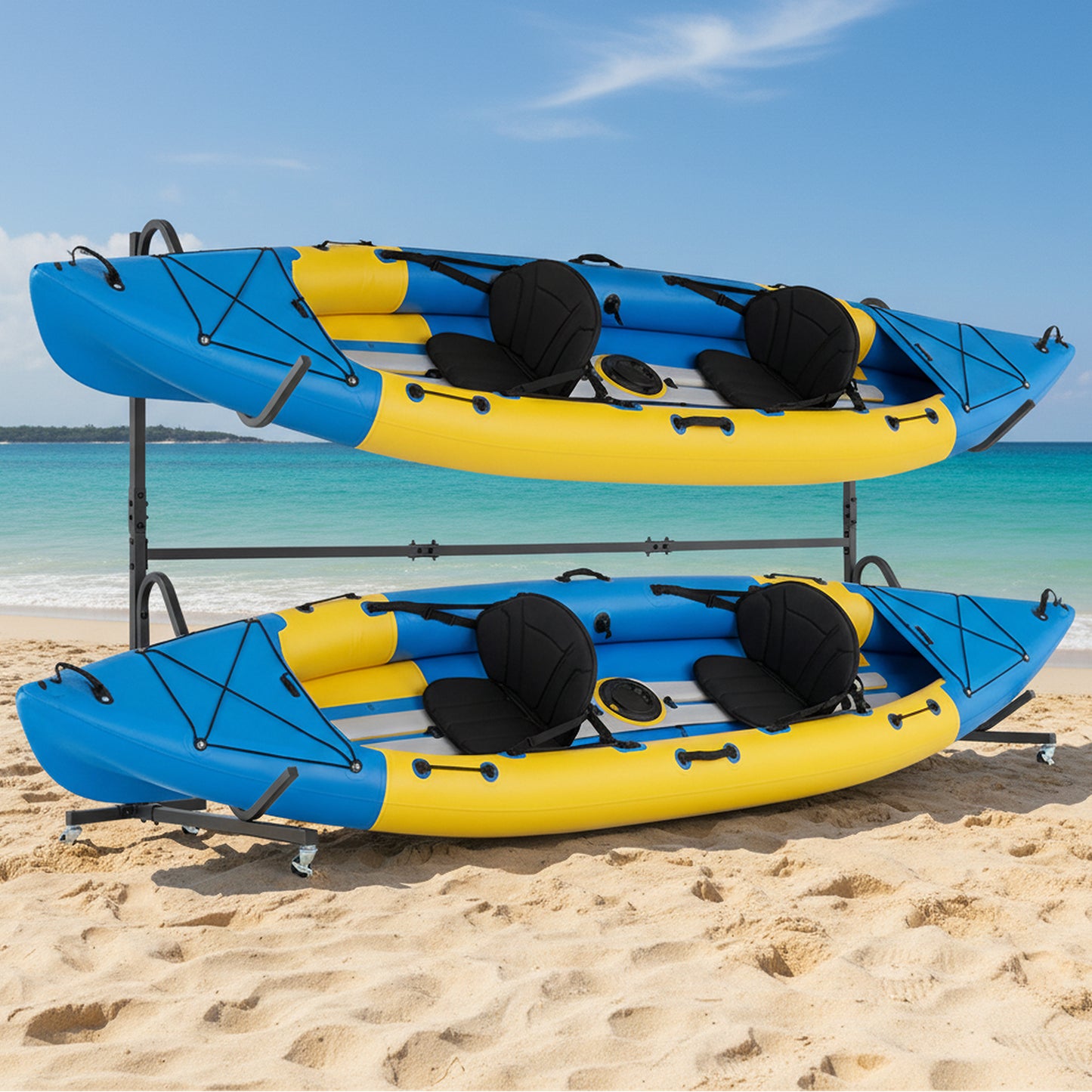 Freestanding Kayak Storage Rack for 2 Kayaks with 6 Lockable Wheels-Black