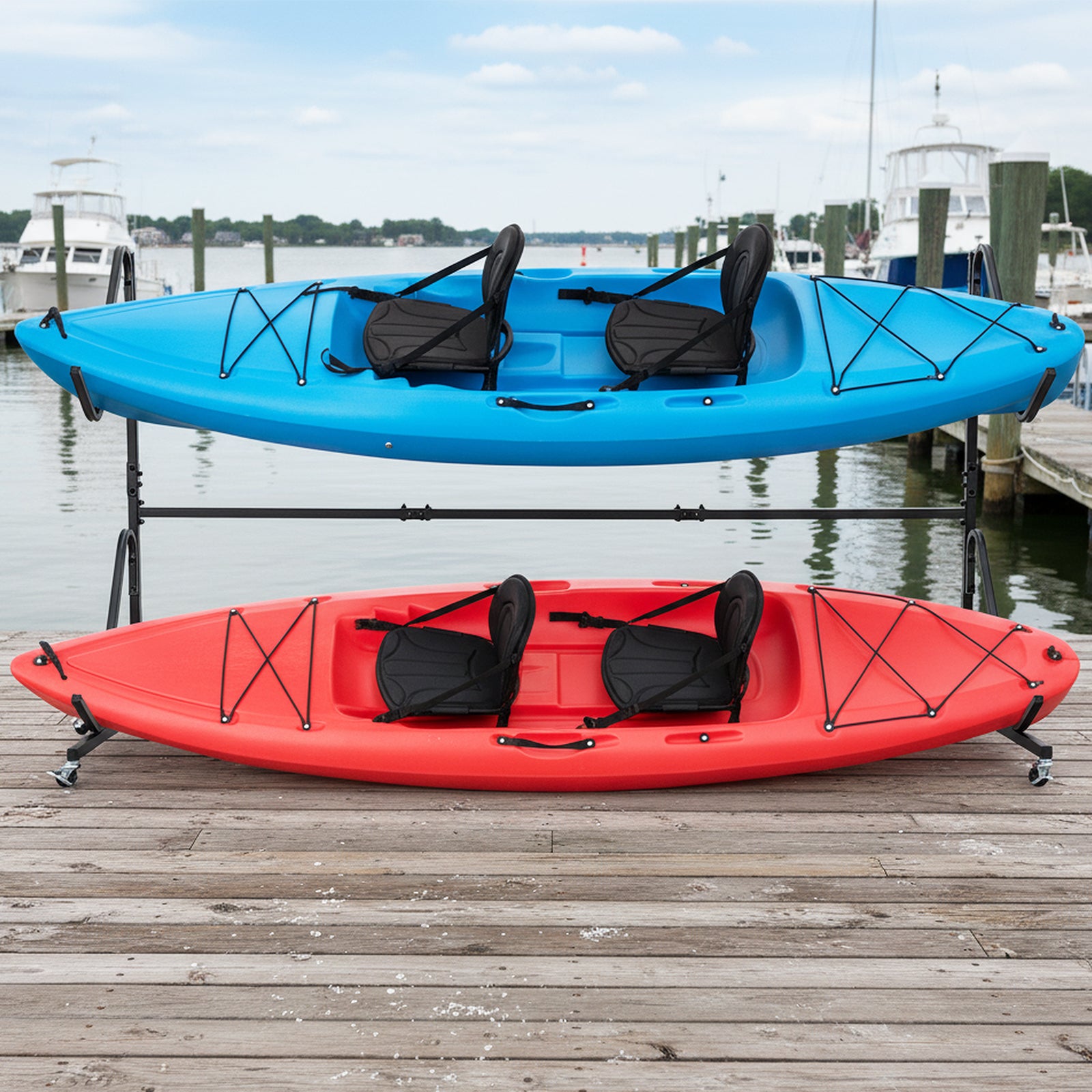 Freestanding Kayak Storage Rack for 2 Kayaks with 6 Lockable Wheels-Black