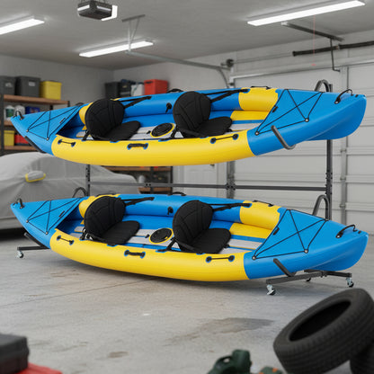 Freestanding Kayak Storage Rack for 2 Kayaks with 6 Lockable Wheels-Black