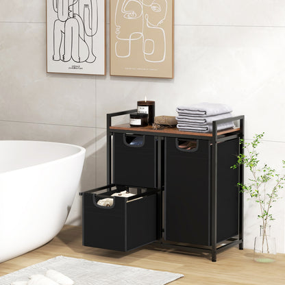 Freestanding Laundry Hamper Laundry Basket with 3 Pull-Out Bags-Black & Brown