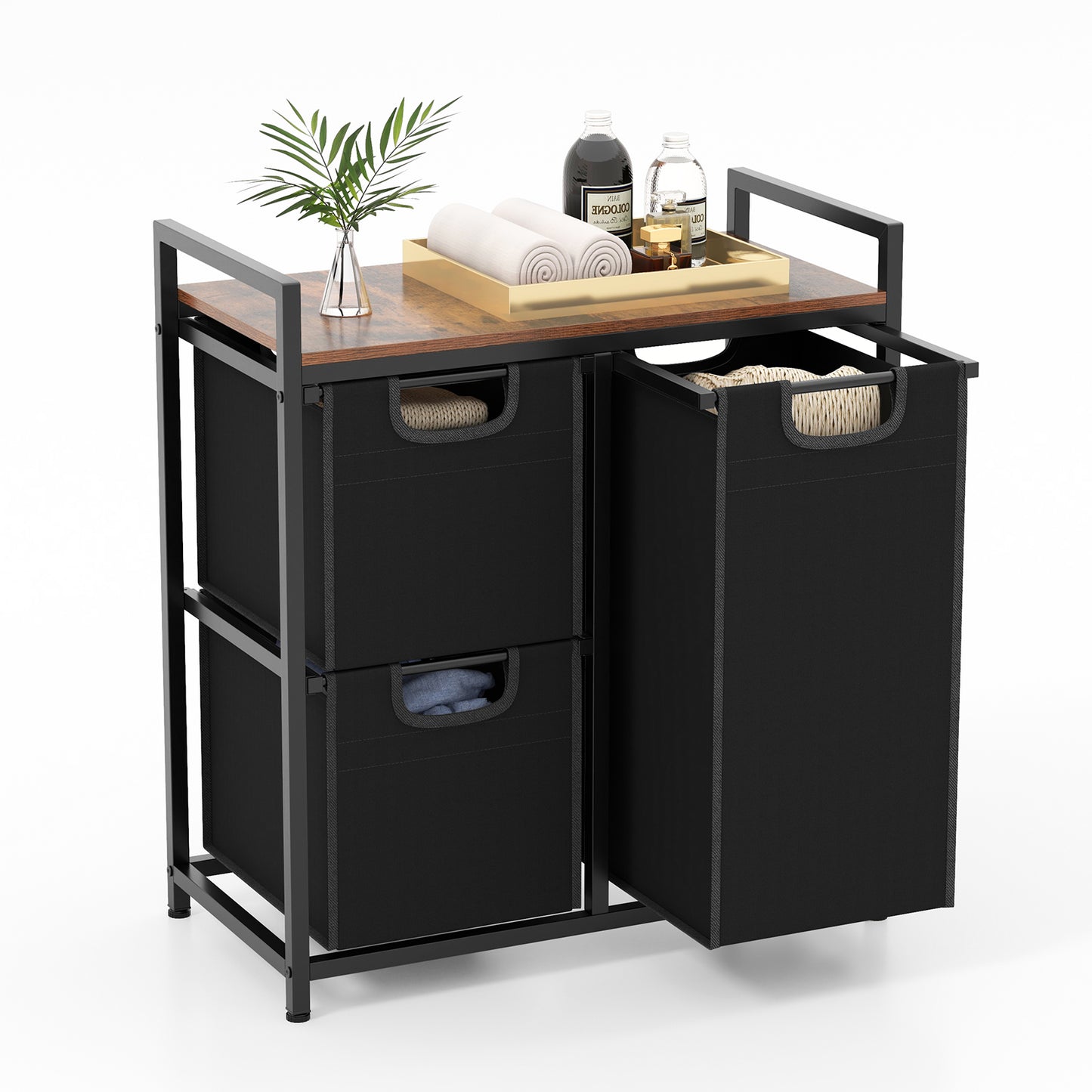 Freestanding Laundry Hamper Laundry Basket with 3 Pull-Out Bags-Black & Brown