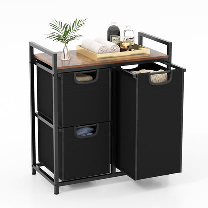 Freestanding Laundry Hamper Laundry Basket with 3 Pull-Out Bags-Black & Brown