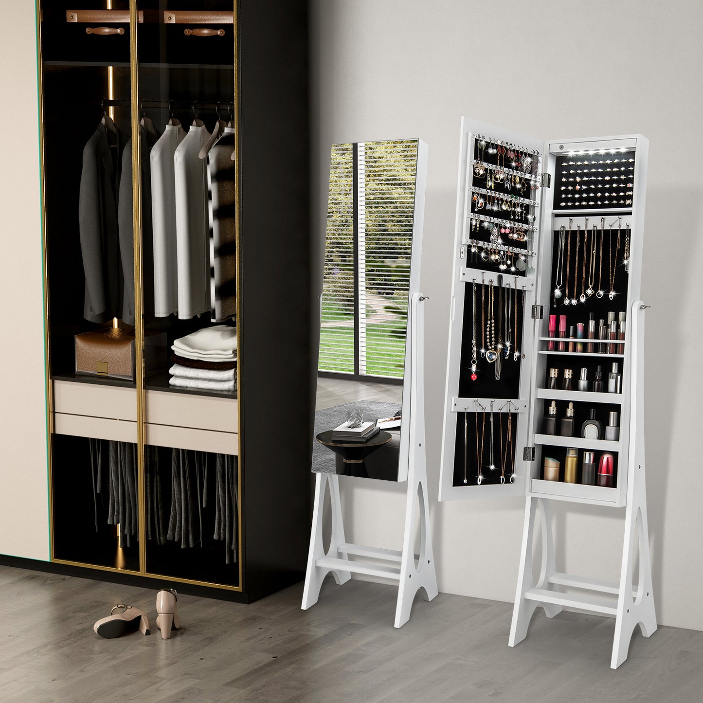 Freestanding Mirror Jewelry Cabinet with Full Length Frameless Mirror-White