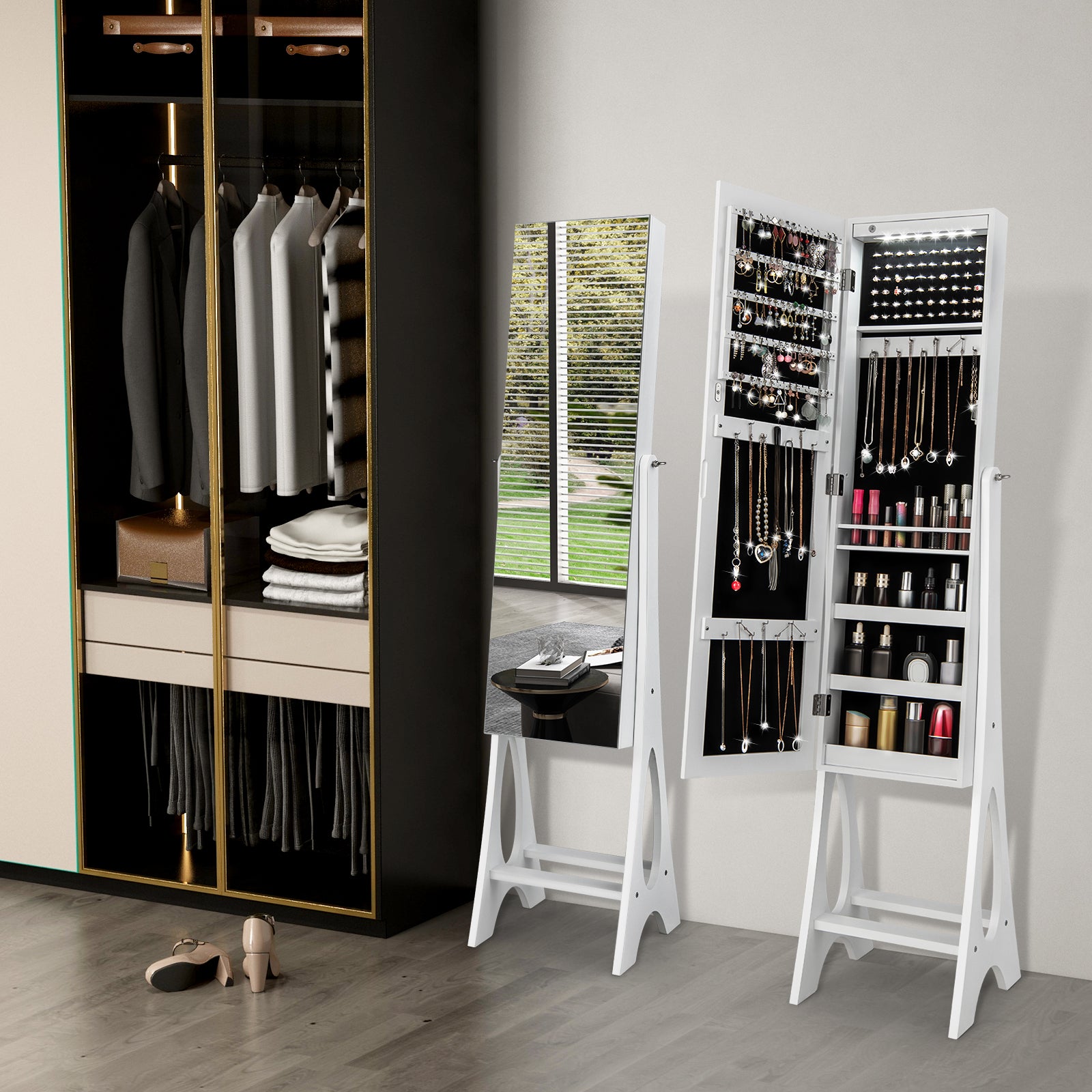 Freestanding Mirror Jewelry Cabinet with Full Length Frameless Mirror-White