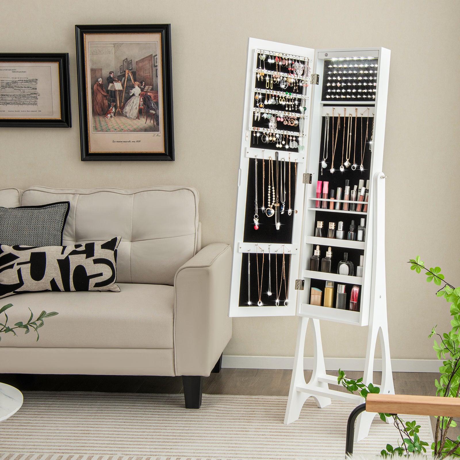 Freestanding Mirror Jewelry Cabinet with Full Length Frameless Mirror-White