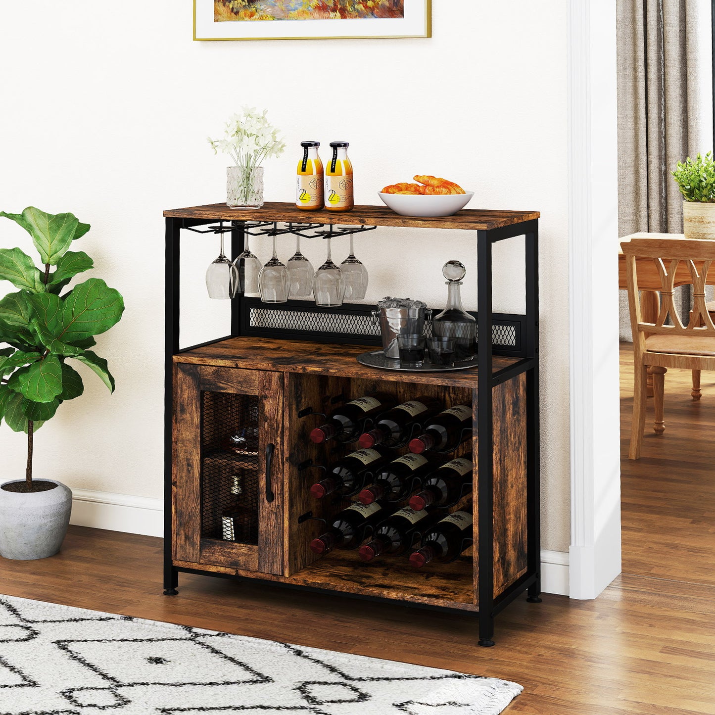 Freestanding Wine Cabinet with Wine Rack and Glass Holder-Coffee