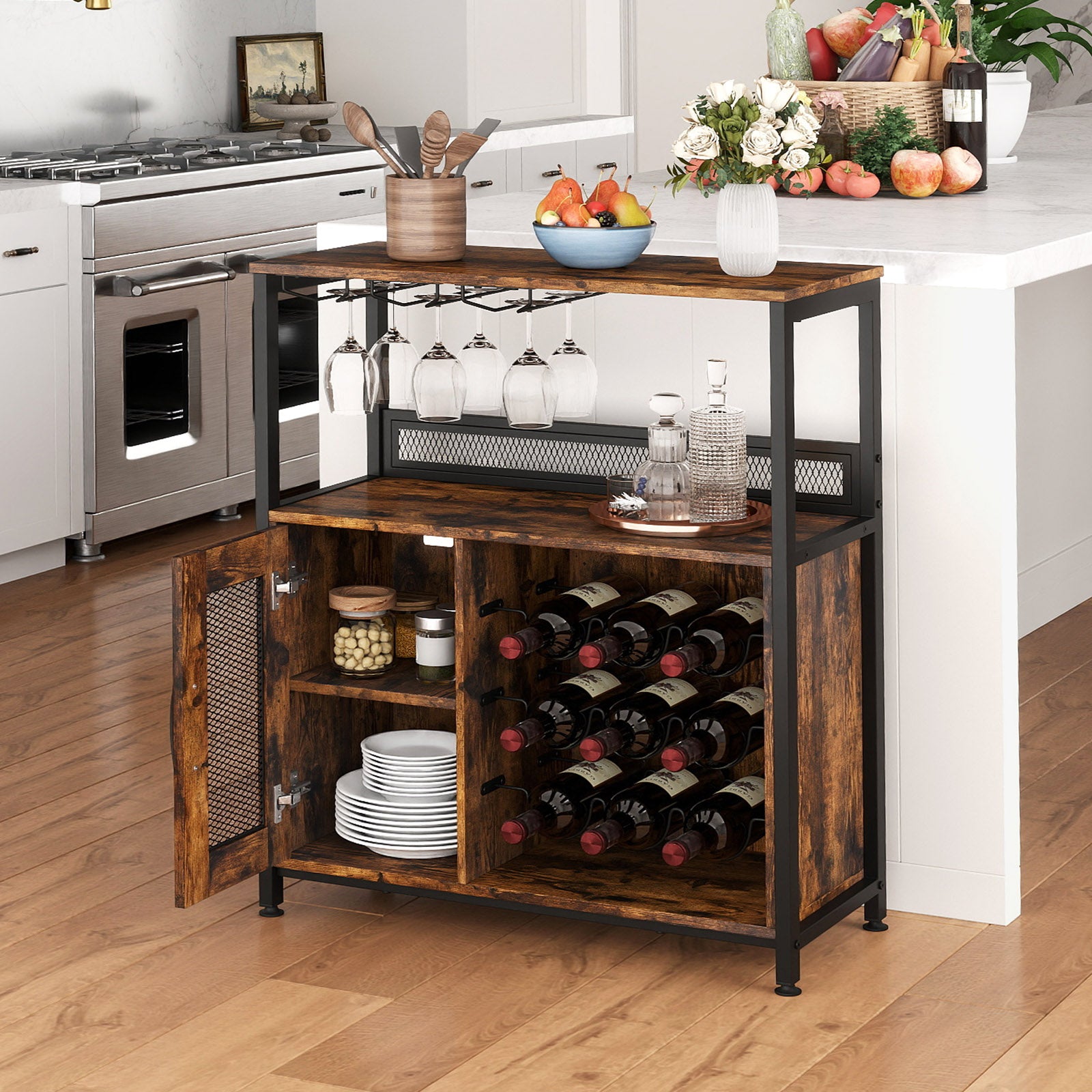 Freestanding Wine Cabinet with Wine Rack and Glass Holder-Coffee