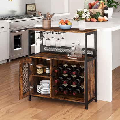 Freestanding Wine Cabinet with Wine Rack and Glass Holder-Coffee