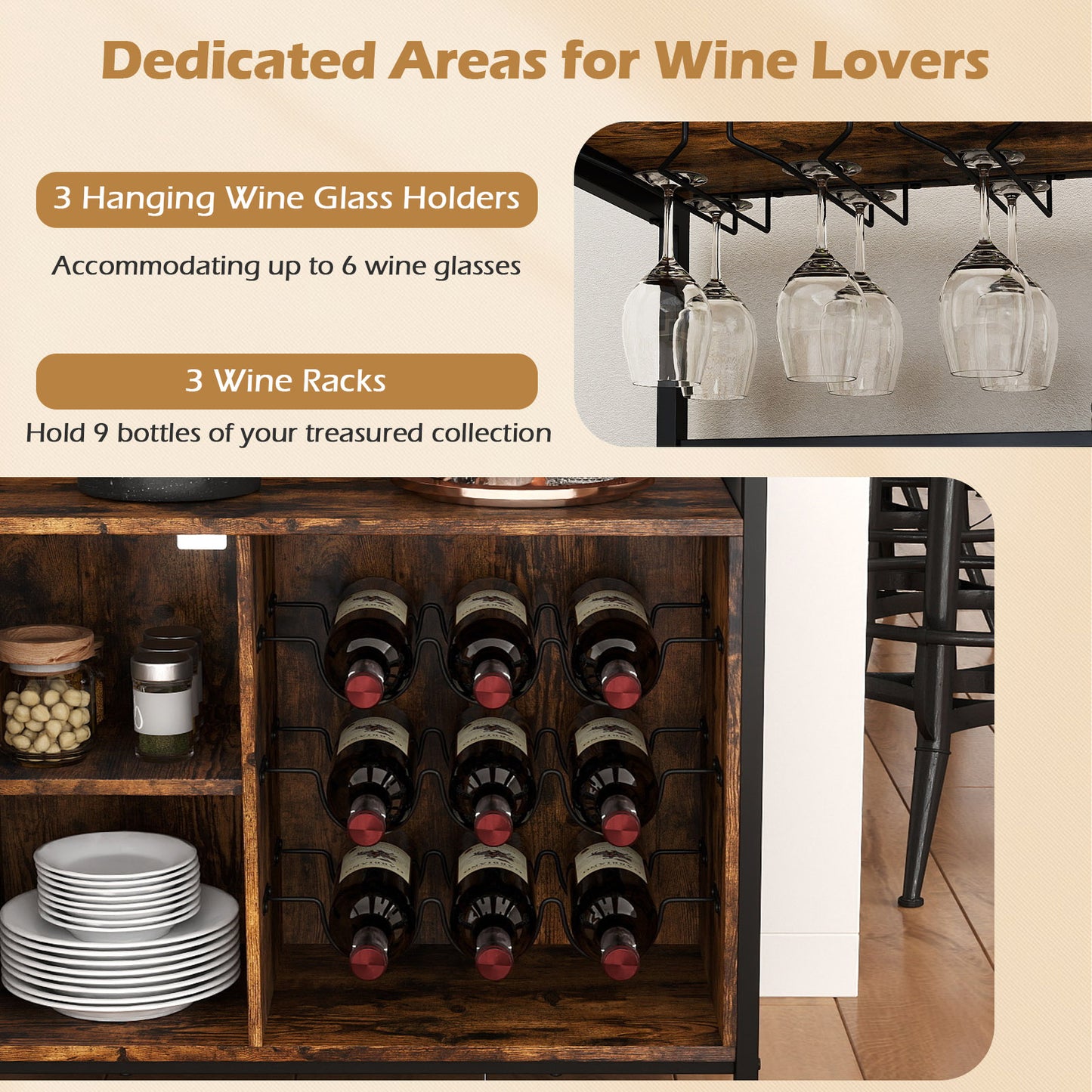 Freestanding Wine Cabinet with Wine Rack and Glass Holder-Coffee