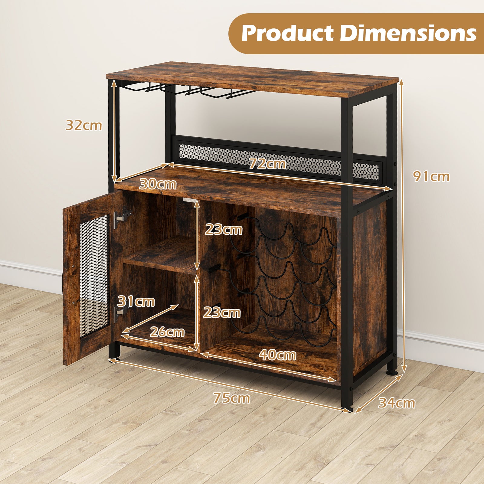 Freestanding Wine Cabinet with Wine Rack and Glass Holder-Coffee