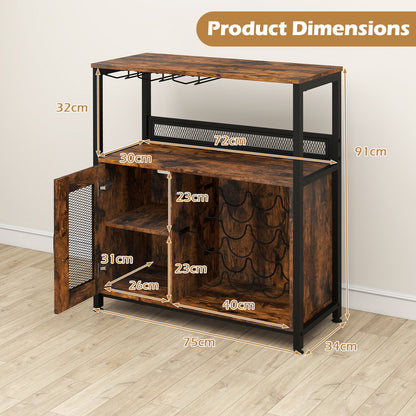 Freestanding Wine Cabinet with Wine Rack and Glass Holder-Coffee