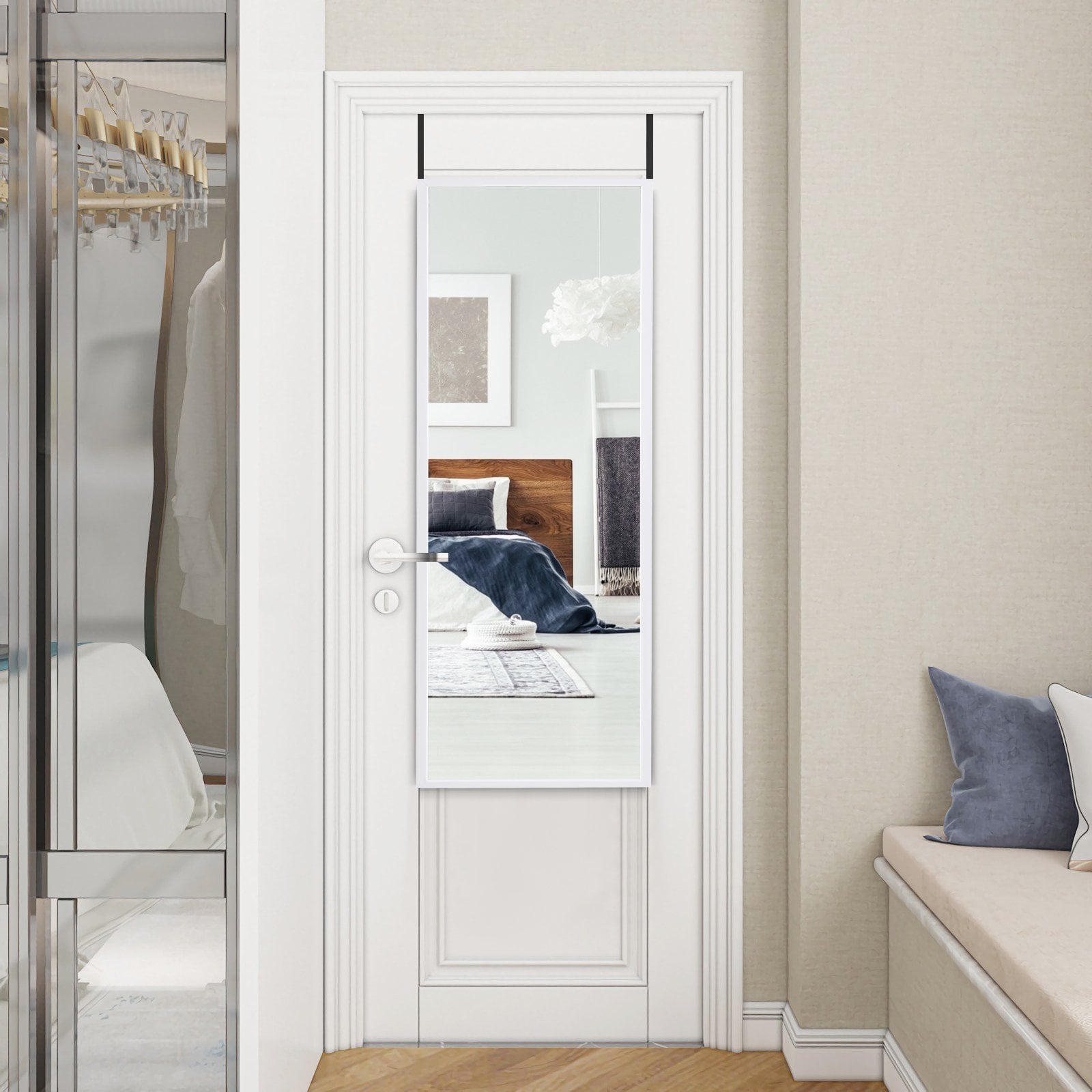 Full Length Wall-Mounted Mirror with Height Adjusting Hooks-White