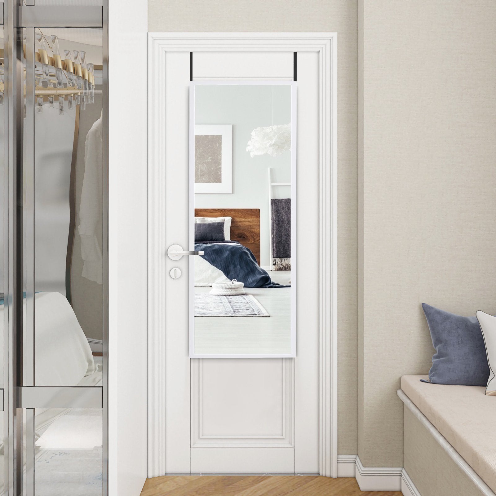 Full Length Wall-Mounted Mirror with Height Adjusting Hooks-White
