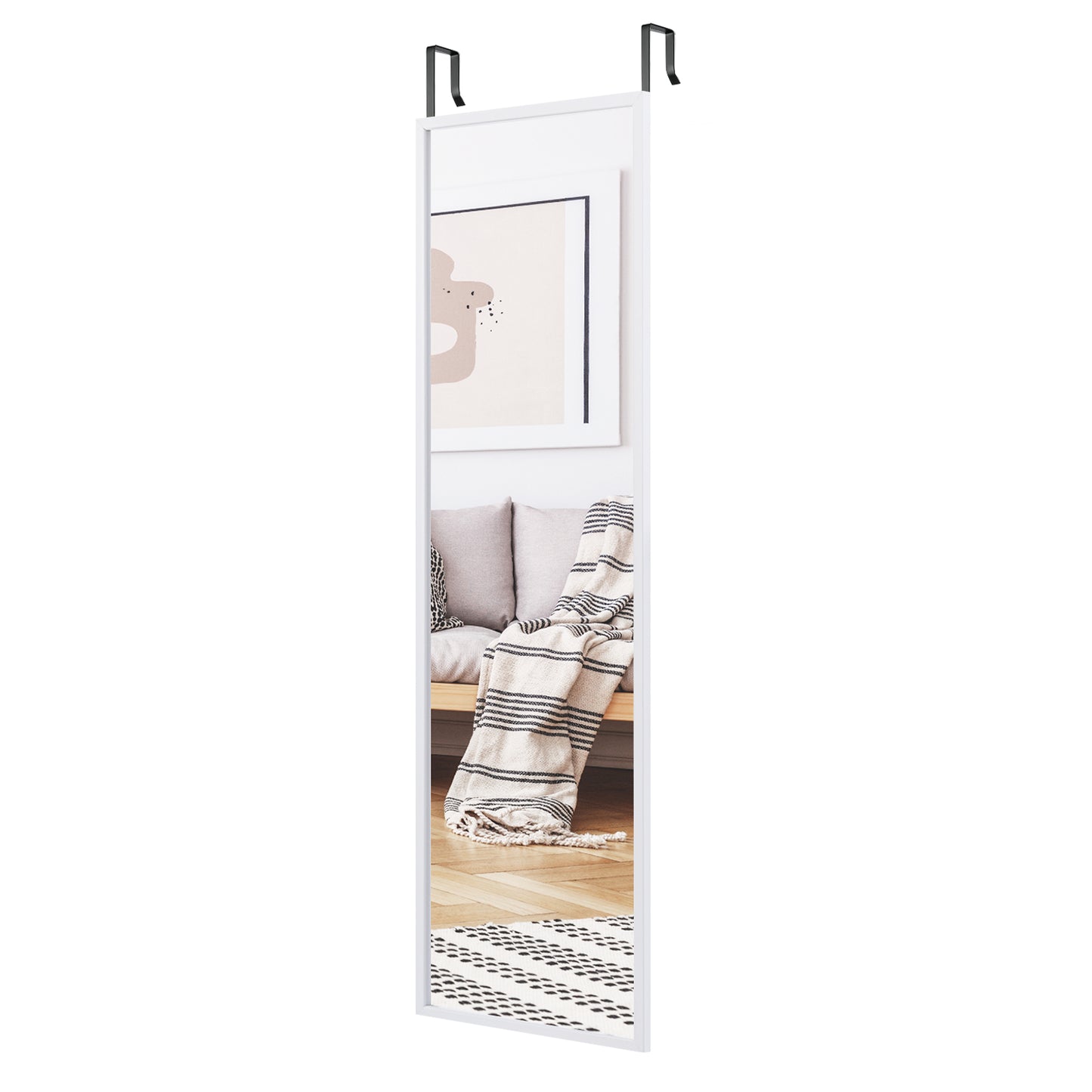 Full Length Wall-Mounted Mirror with Height Adjusting Hooks-White