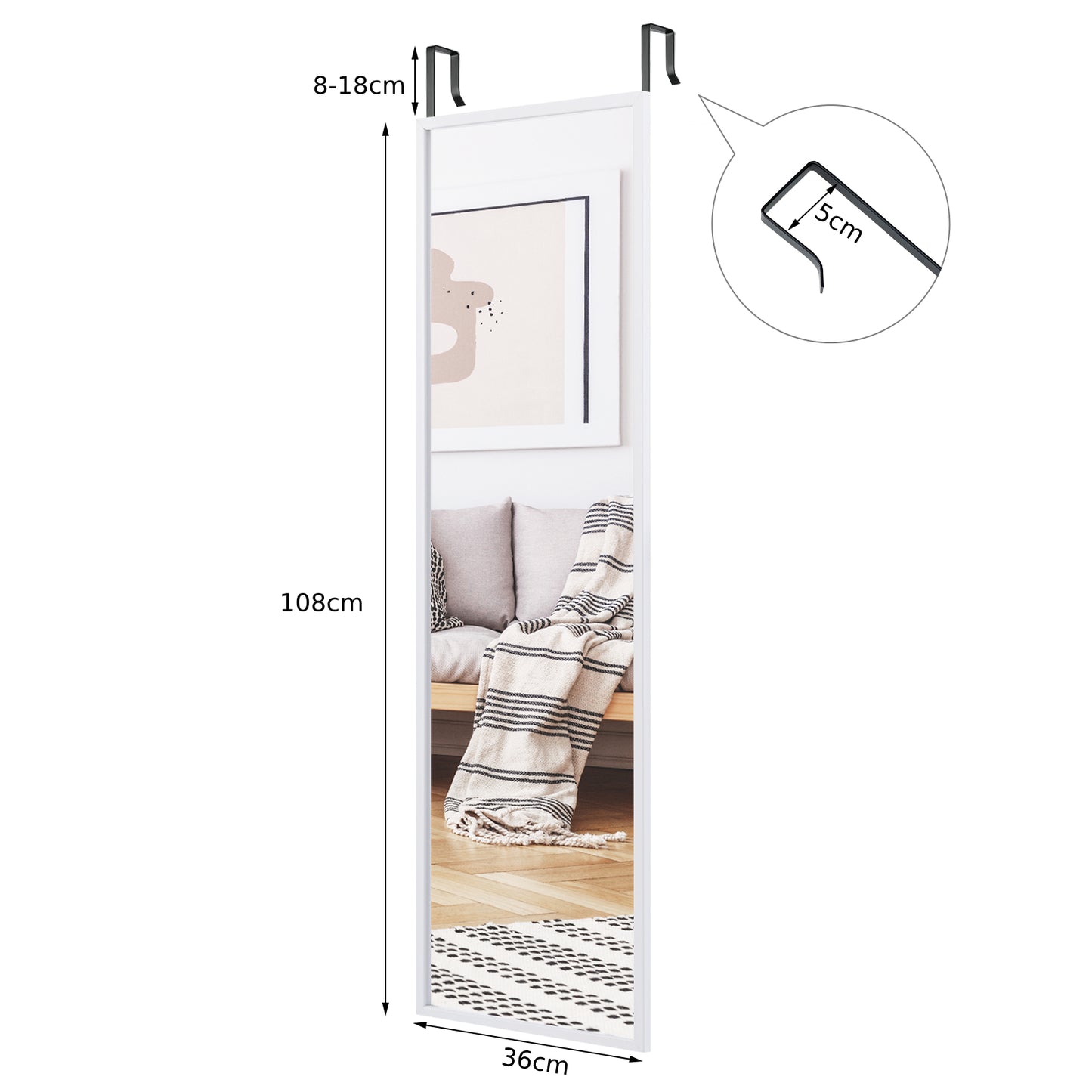 Full Length Wall-Mounted Mirror with Height Adjusting Hooks-White