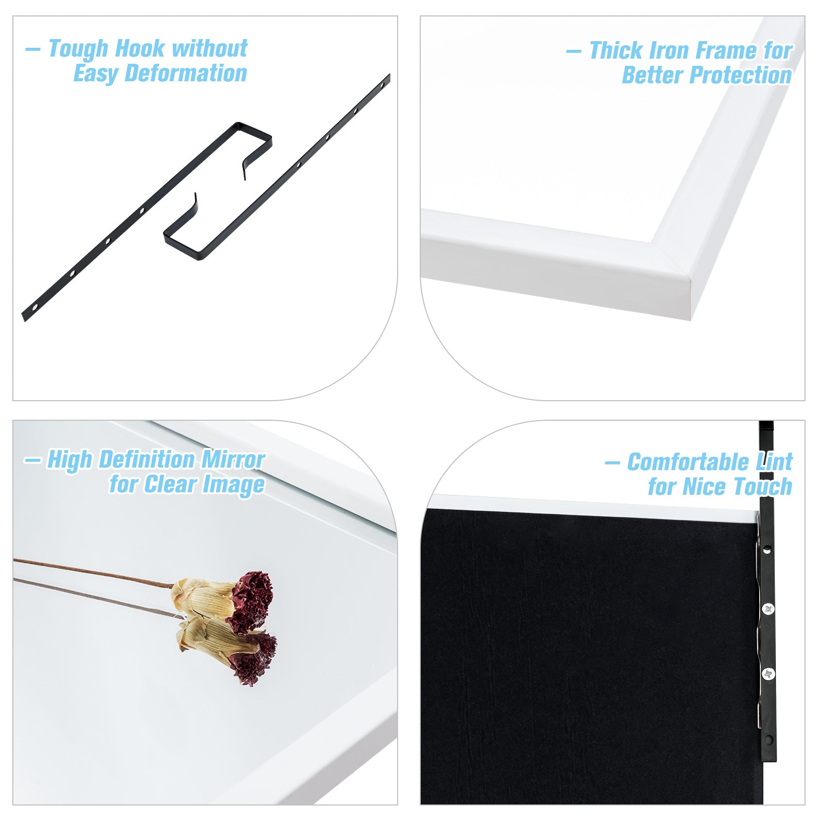 Full Length Wall-Mounted Mirror with Height Adjusting Hooks-White
