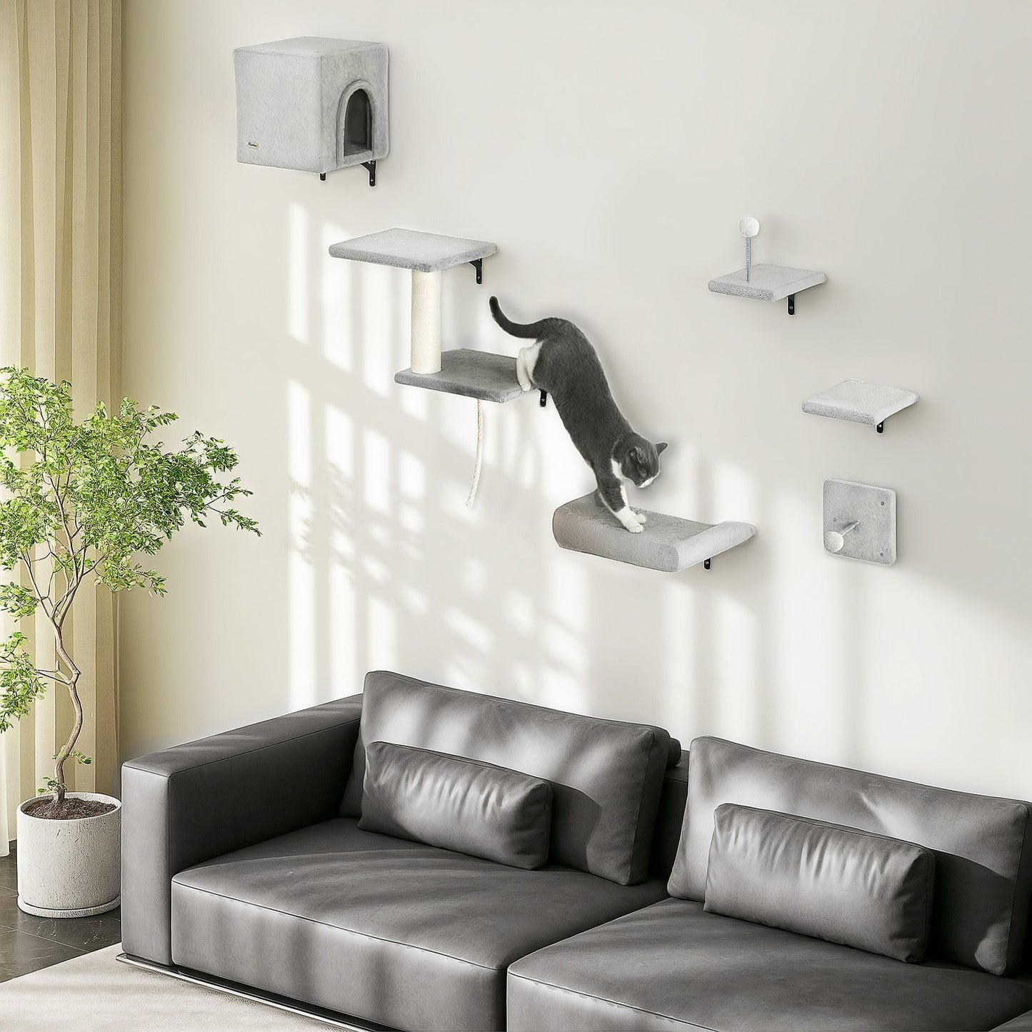 PawHut 6-Piece Cat Wall Shelves Set with Condo, Cat Wall Furniture with Platforms, Sisal Scratching Post, Bed, Toy Ball, Grey