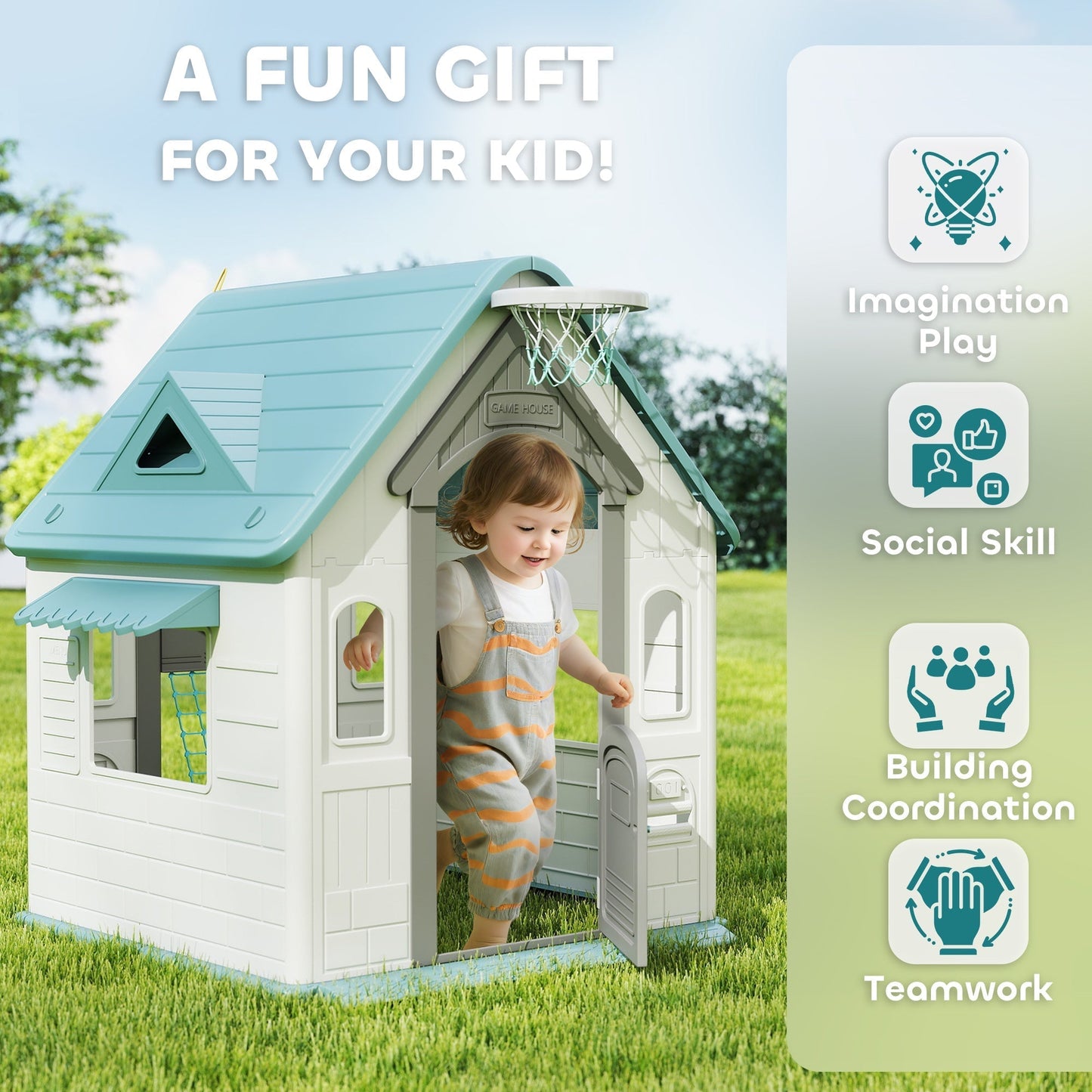 AIYAPLAY 5-in-1 Playhouse for Kids Outdoor Indoor with Basketball Hoop, Football Goal, Dartboard, Ring Toss for 2-5 Years, Beige