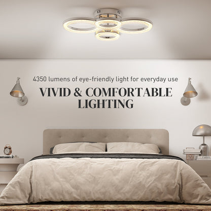HOMCOM LED Ceiling Light, Modern 4 Rings Ceiling Lamp with Wall Switch Control, 40W 4350lm Flush Mount Ceiling Light with 3500K/4500K/6000K Colour Temperatures for Living Room, Bedroom, Silver Tone