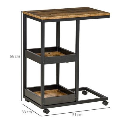 HOMCOM Mobile Sofa Side Table Set of 2, Industrial C-Shaped Rolling Couch Table with 3-Tier Storage Shelving Four Lockable Wheels Steel Frame, Dark Brown