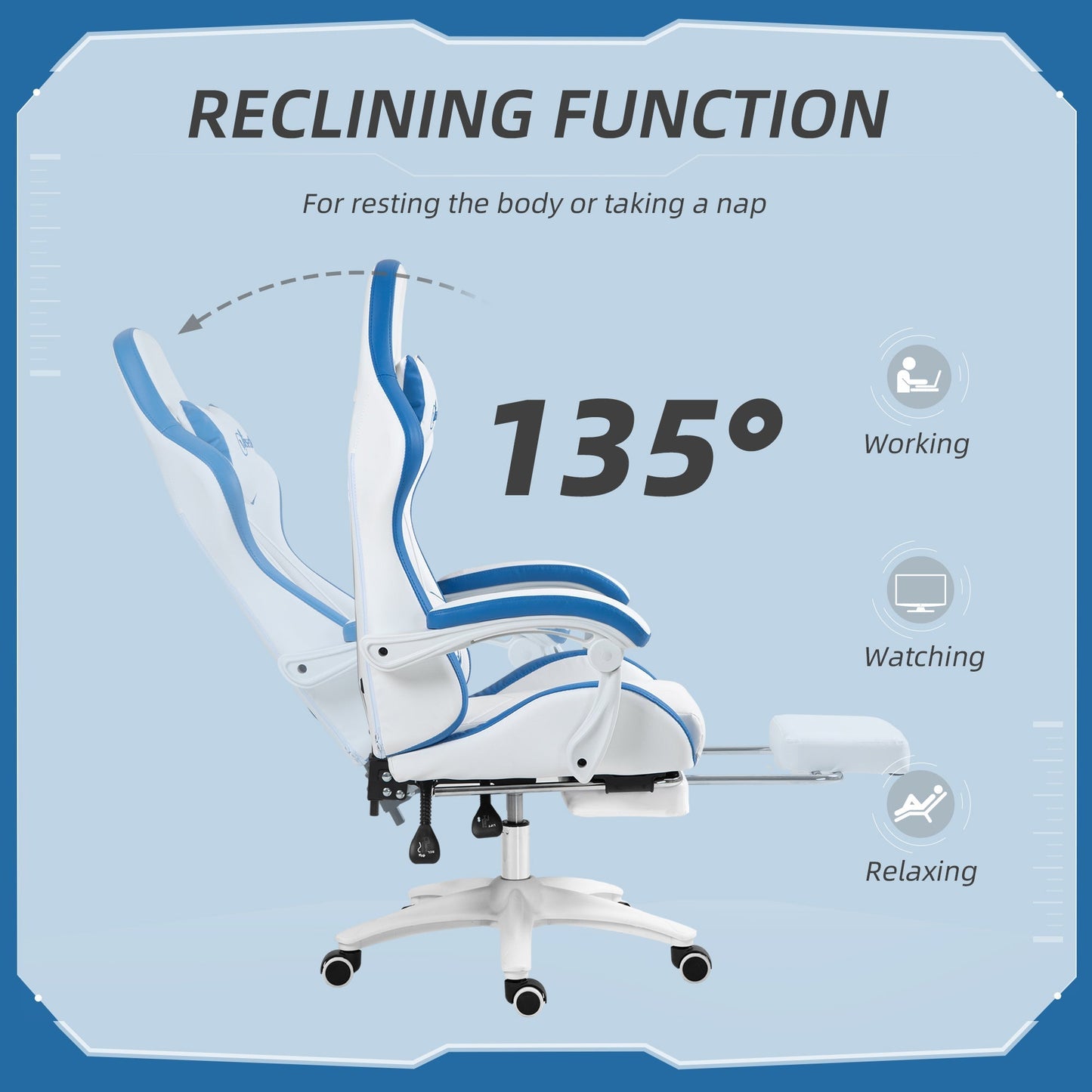 Vinsetto Computer Gaming Chair, PU Leather Office Desk Chair with Footrest, Swivel Wheels, 135  Reclining Back, Lumbar Support, Headrest for Home, White and Blue