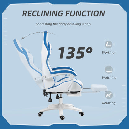 Vinsetto Computer Gaming Chair, PU Leather Office Desk Chair with Footrest, Swivel Wheels, 135  Reclining Back, Lumbar Support, Headrest for Home, White and Blue