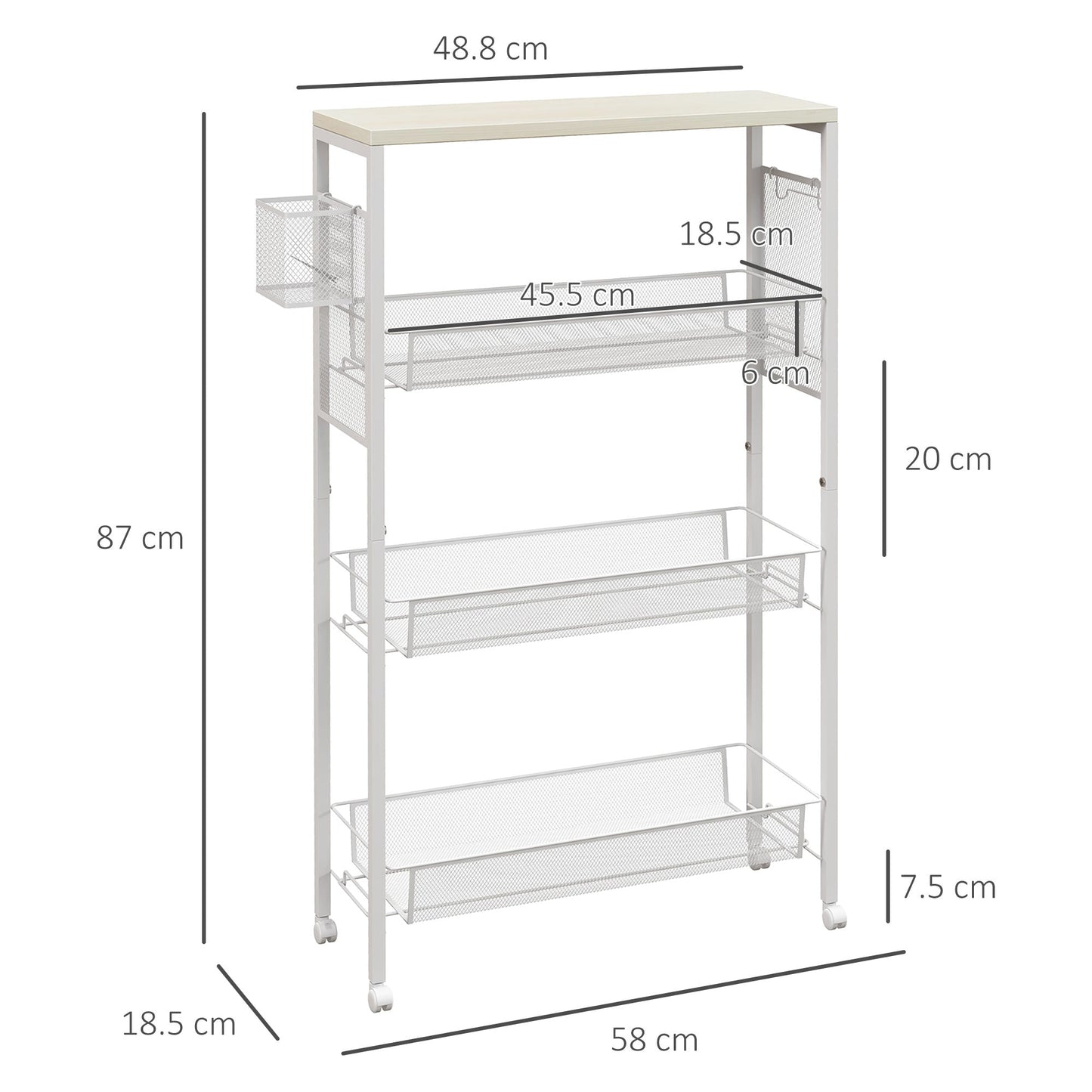 HOMCOM 3-Tier Kitchen Cart with 3 Steel Wire Baskets - White
