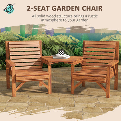 Outsunny Wooden Garden Love Seat w/ Coffee Table Umbrella Hole, Tan Brown