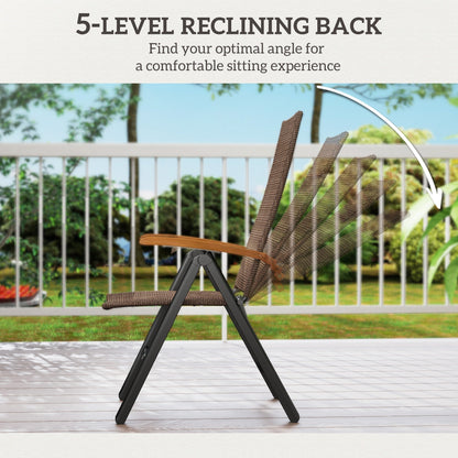 Outsunny 2 Pieces Folding Rattan Garden Dining Chairs with 5-level Reclining High Back, Wood Armrests for Outdoor - Brown