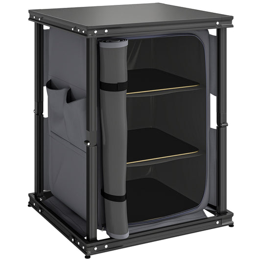 Outsunny Camping Camping Cupboards, Folding Portable Kitchen Table with 3-Tier Storage, Black