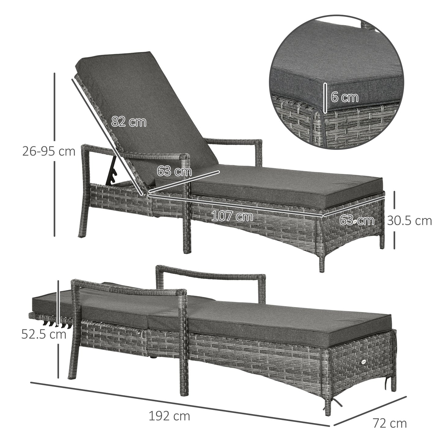 Outsunny Patio Rattan Sun Lounger, Dual Wicker Weave Outdoor Single Reclining Chair Furniture, 5-Level Adjustable Backrest w/ Removeable & Washable Cushion, Mixed Grey