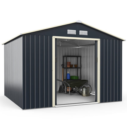 Outdoor Storage Shed 9.1x6.3 FT with Extension Kit & Sliding Door for Garden Backyard-Grey