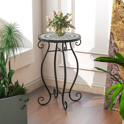 Small Plant Stand with Weather Resistant Ceramic Tile Tabletop-Black & Blue