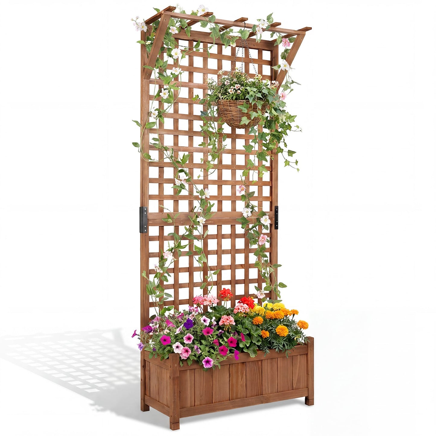 Wooden Raised Garden Bed with Hanging Roof and Trellis for Climbing Plants-Brown