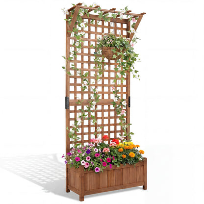 Wooden Raised Garden Bed with Hanging Roof and Trellis for Climbing Plants-Brown