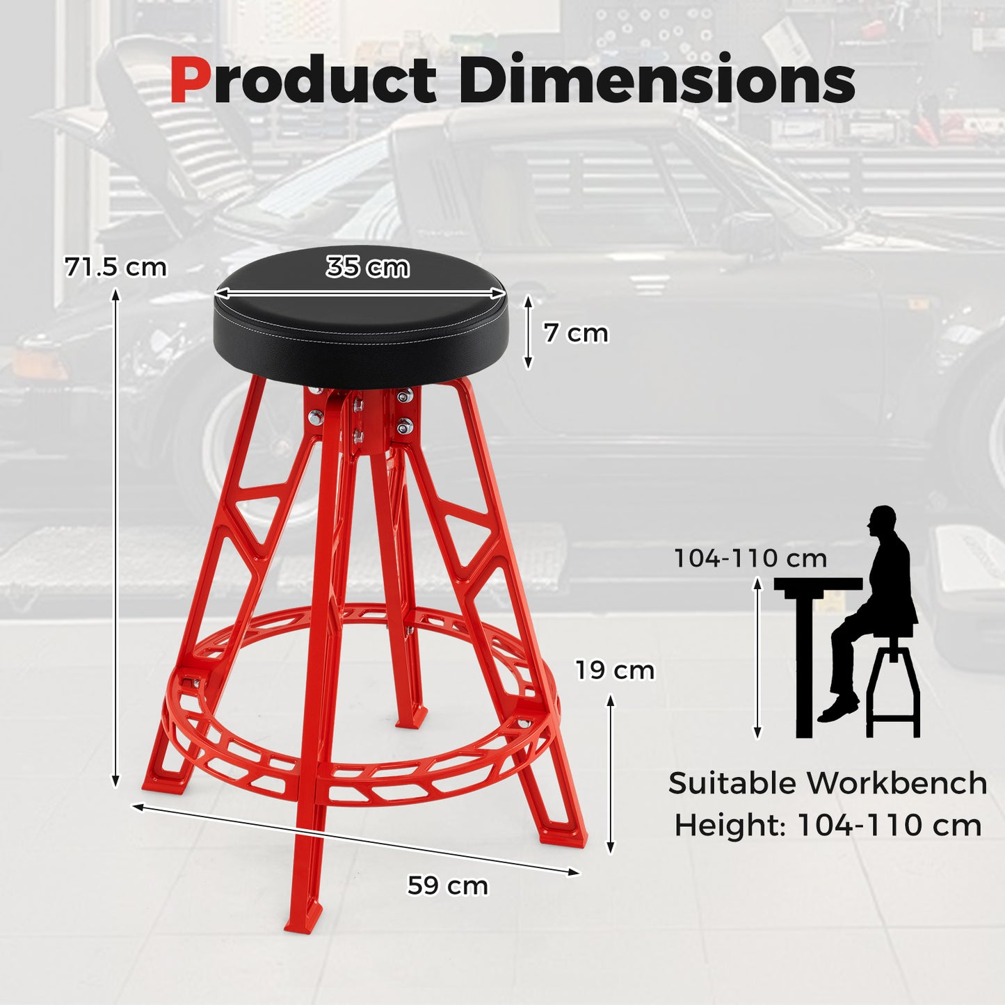 Garage Chair with Round Padded Seat and Heavy Duty Aluminum Frame-Red