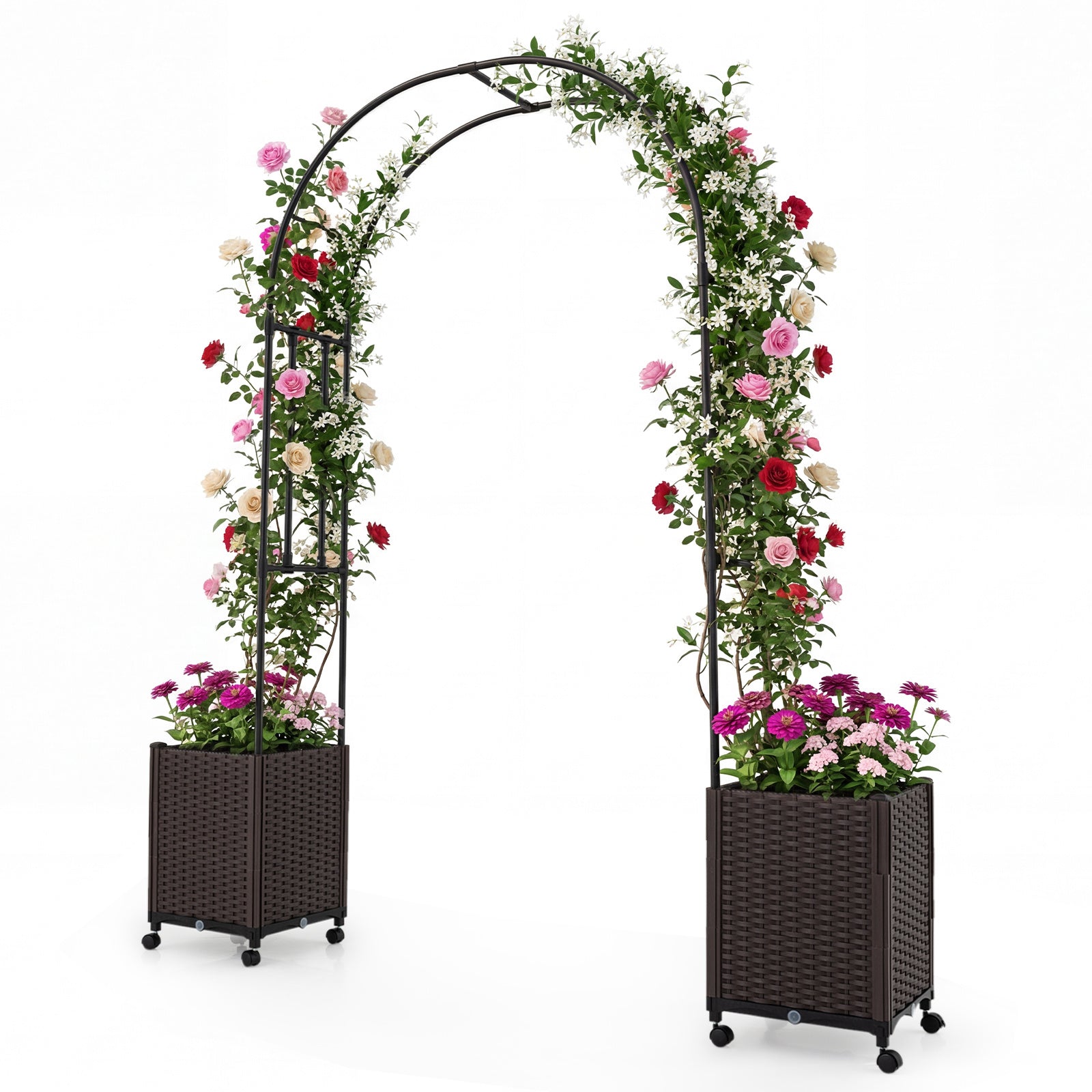 Garden Arch Trellis with 2 Self-watering Planter Boxes PE-coated Metal Arbor-Black