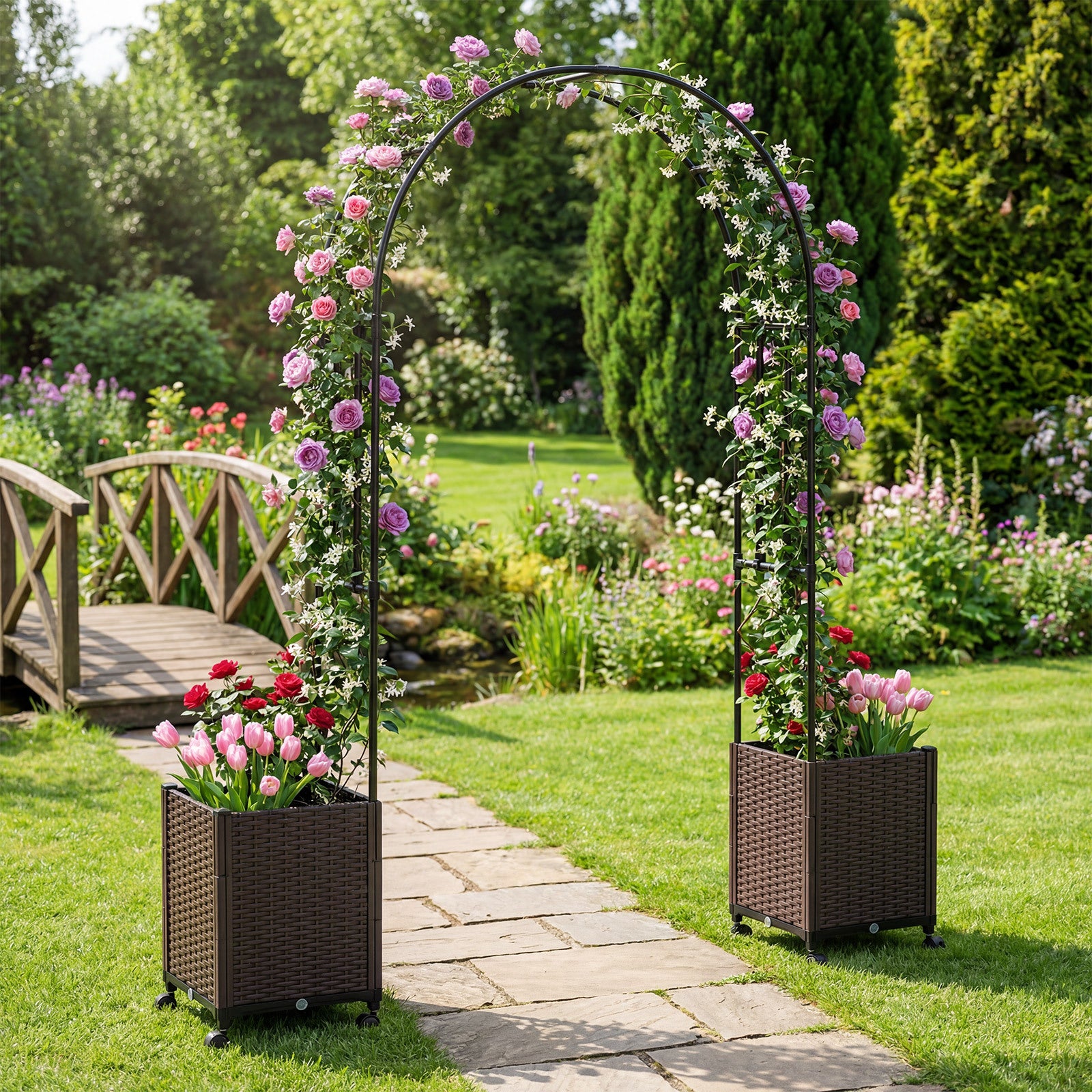 Garden Arch Trellis with 2 Self-watering Planter Boxes PE-coated Metal Arbor-Black
