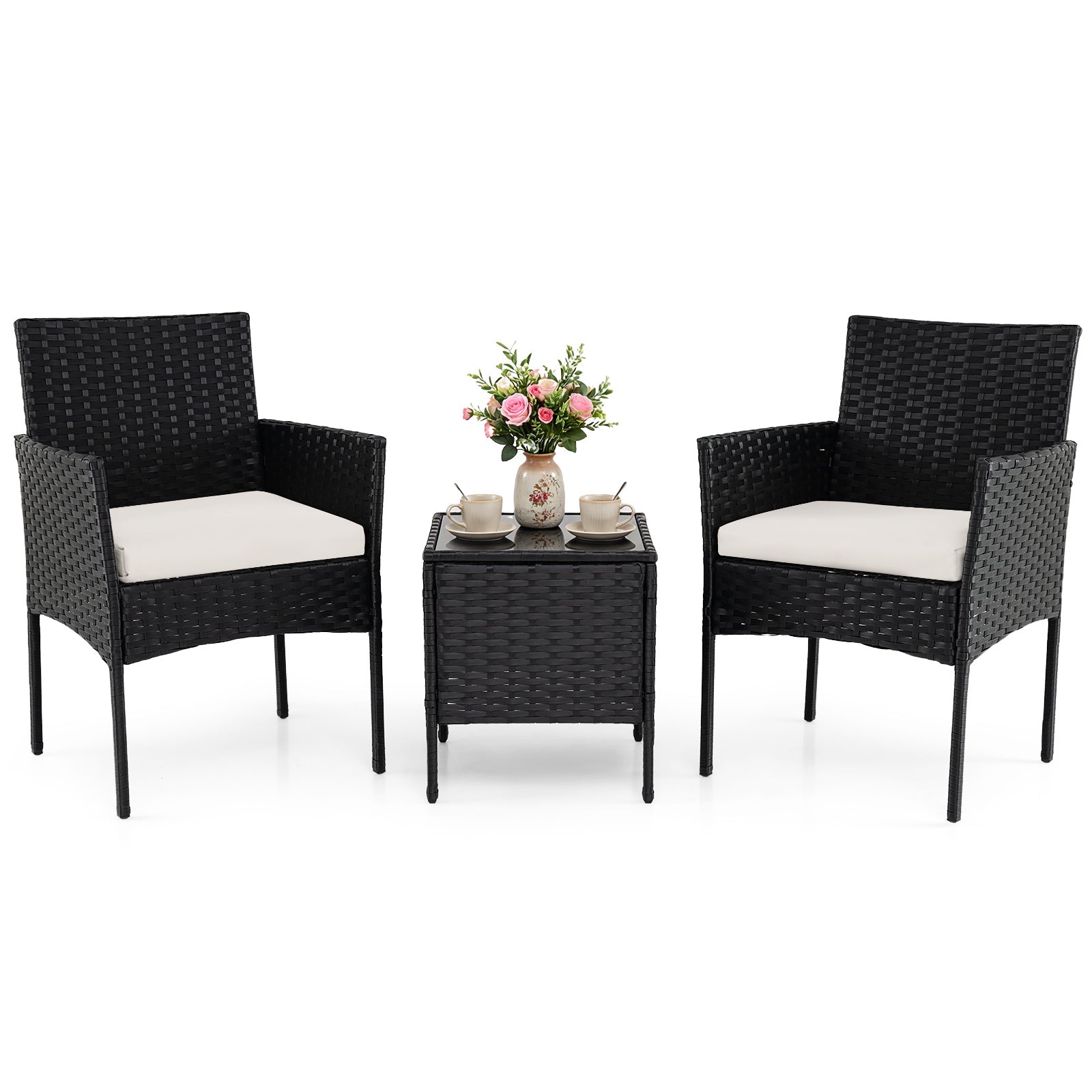 Garden Furniture Set 3-piece Rattan Balcony Furniture Set with 2 Cushioned Chairs-Beige