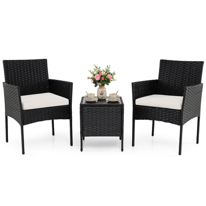 Garden Furniture Set 3-piece Rattan Balcony Furniture Set with 2 Cushioned Chairs-Beige