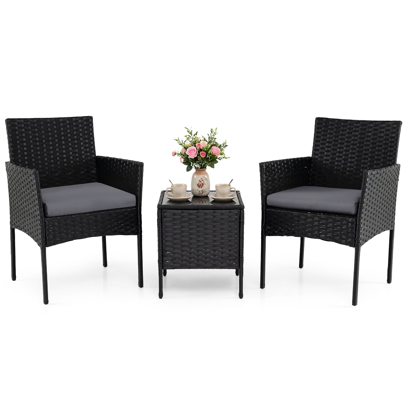 Garden Furniture Set 3-piece Rattan Balcony Furniture Set with 2 Cushioned Chairs-Grey