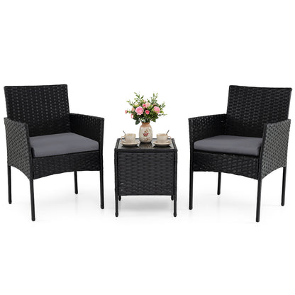 Garden Furniture Set 3-piece Rattan Balcony Furniture Set with 2 Cushioned Chairs-Grey